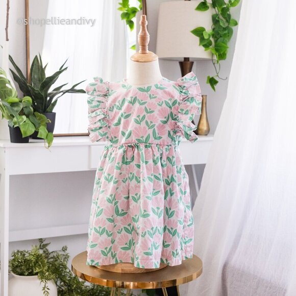cuteheads Girls Pink and Green Floral Cotton Flutter Sleeve Pinafore Dress 5 - Picture 1 of 10